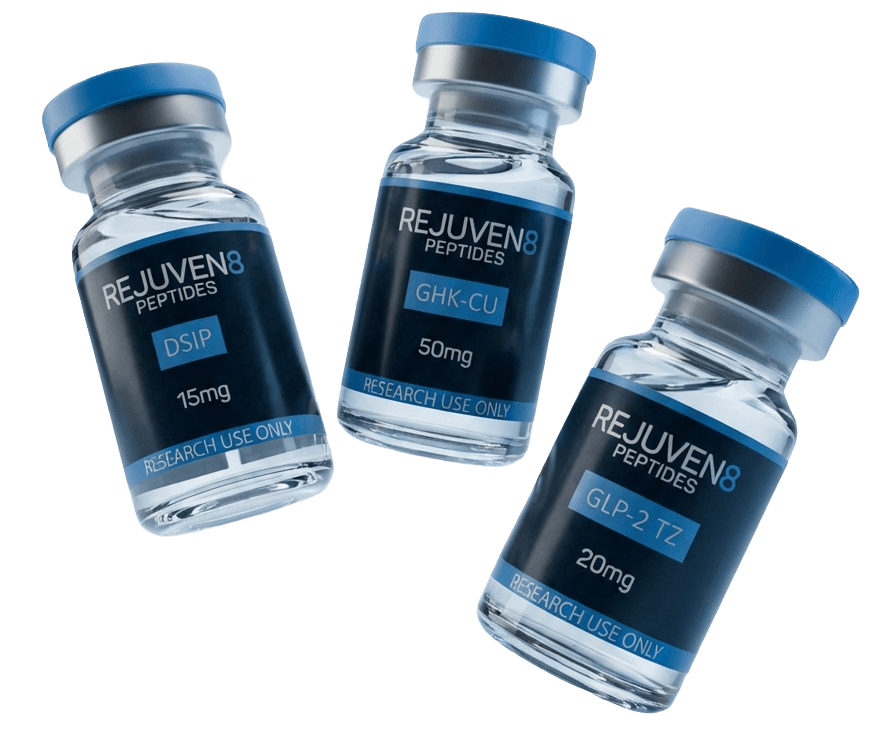 Rejuven8 Research Peptides - floating lyophilized powder vials display