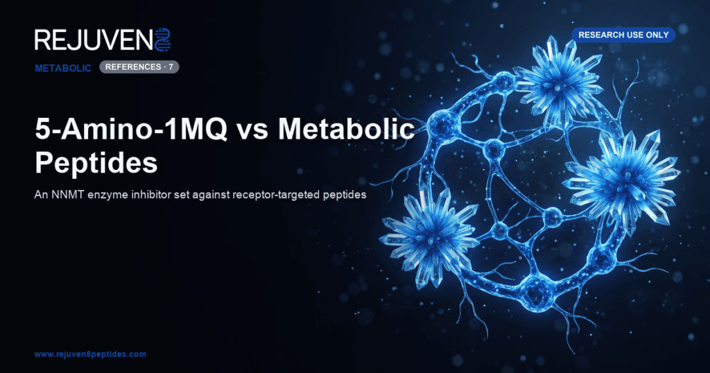 A glowing blue NAD and SAM metabolic cycle rendered as connected nodes against a dark background.