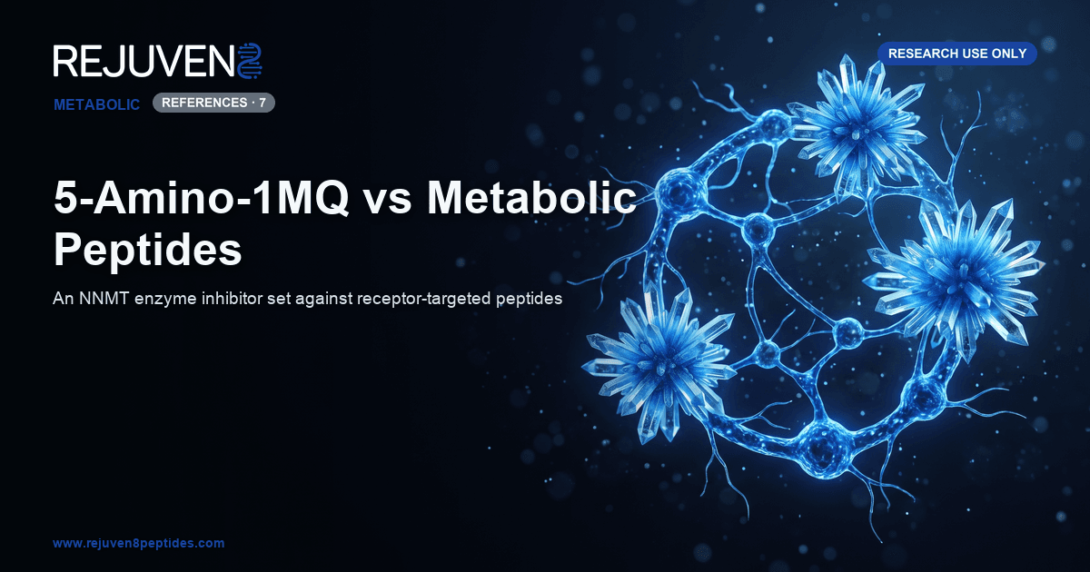 A glowing blue NAD and SAM metabolic cycle rendered as connected nodes against a dark background.