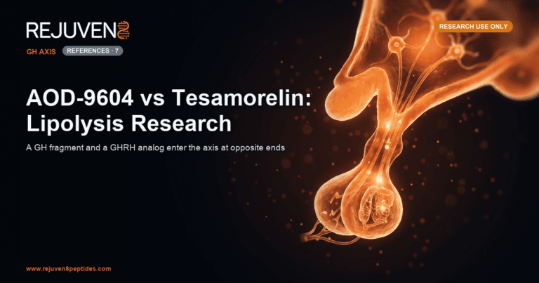 Glowing orange hypothalamus-to-pituitary signaling arc rendered against a deep near-black laboratory background