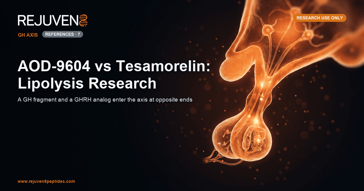 Glowing orange hypothalamus-to-pituitary signaling arc rendered against a deep near-black laboratory background