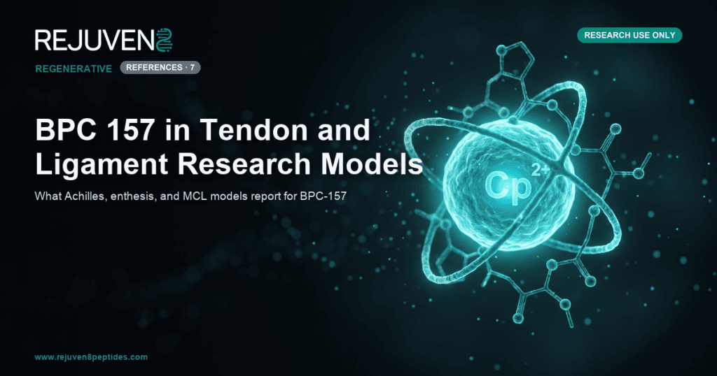A glowing teal peptide chain with orbiting ions against a dark laboratory background, illustrating BPC-157 connective-tissue research.