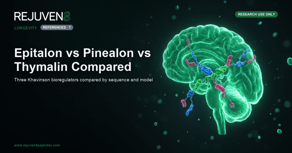 Glowing emerald green pineal gland with a luminous tetrapeptide chain on a dark laboratory background.