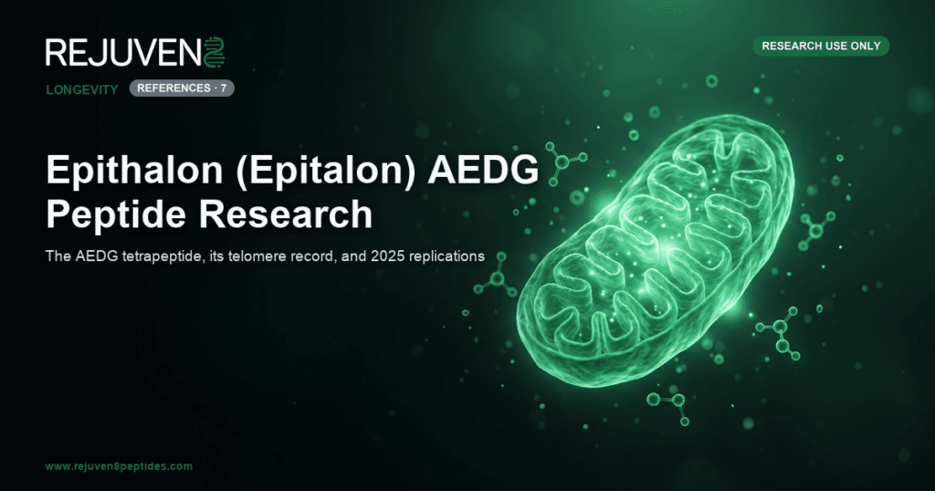 Glowing emerald green mitochondria and a chromosome telomere cap rendered on a dark laboratory background.