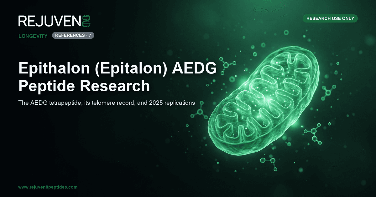 Glowing emerald green mitochondria and a chromosome telomere cap rendered on a dark laboratory background.