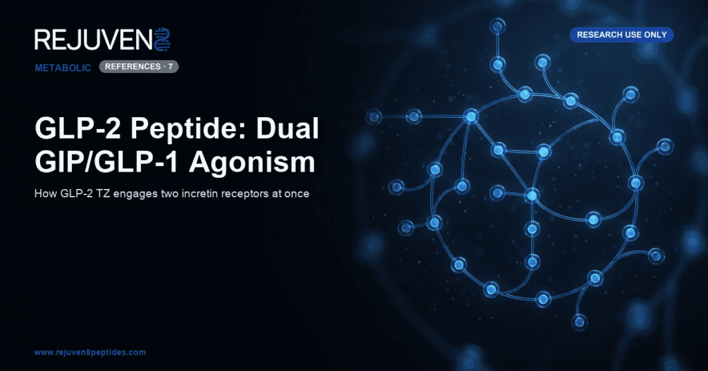 A glowing blue metabolic signaling pathway rendered as connected nodes beside a peptide chain on a dark laboratory background.