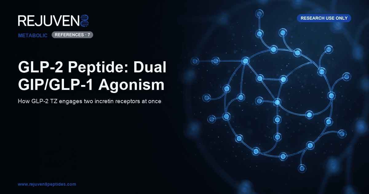 A glowing blue metabolic signaling pathway rendered as connected nodes beside a peptide chain on a dark laboratory background.