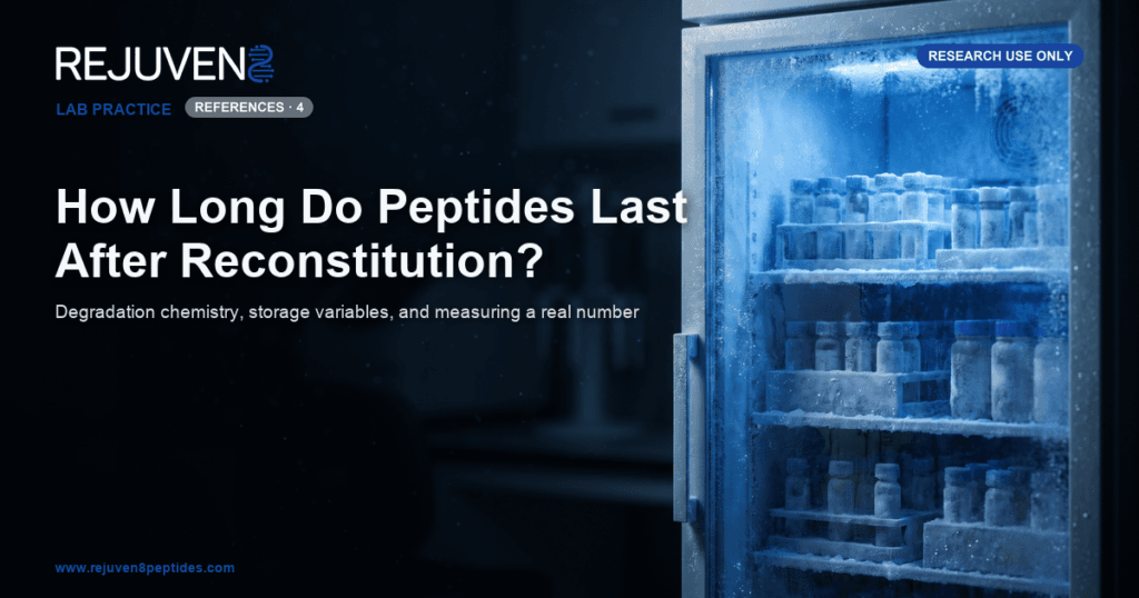 Frosted vials on a laboratory freezer shelf, glowing deep blue against a dark background.