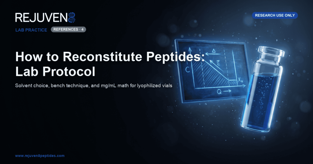 A glass vial of lyophilized peptide beside a chalkboard-style concentration diagram in a laboratory setting.