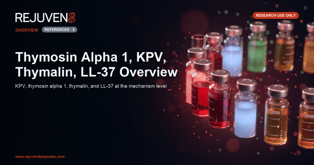 Four peptide chains of increasing length arranged beside stylized immune cells, representing KPV, thymosin alpha 1, thymalin, and LL-37.