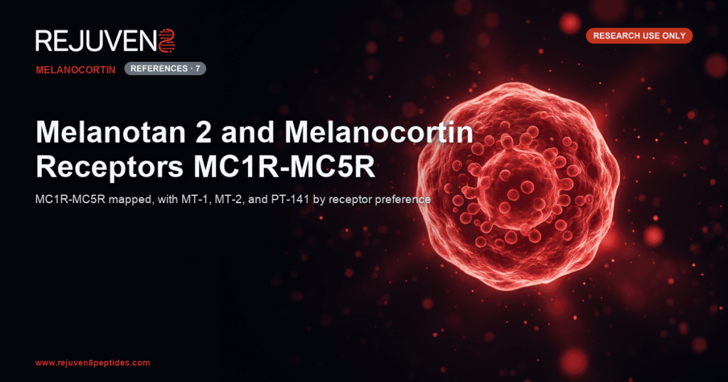 Glowing crimson melanocyte with melanin granules against a dark laboratory background.