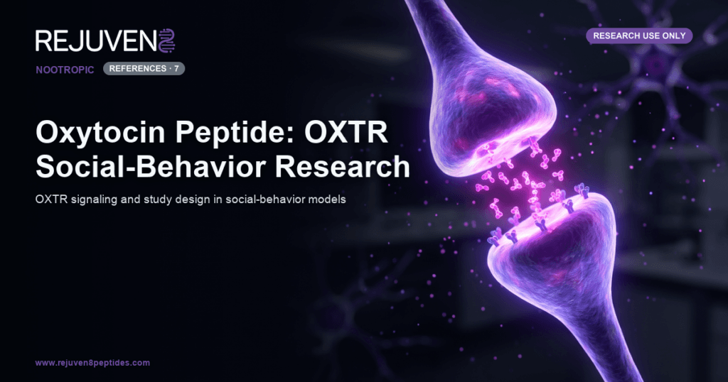Violet synapse with signaling cascade representing oxytocin receptor research on a near-black background.