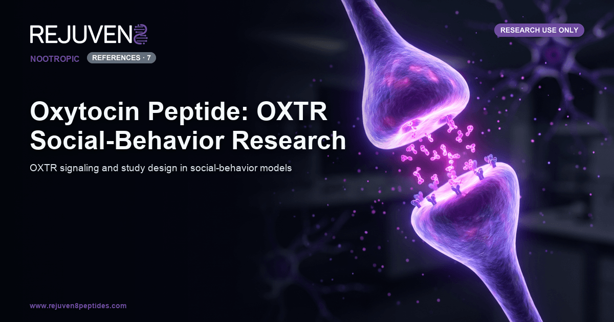 Violet synapse with signaling cascade representing oxytocin receptor research on a near-black background.