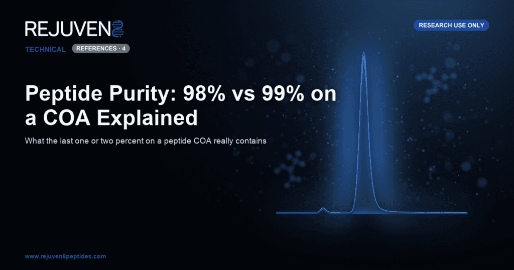 A stylized HPLC chromatogram with a tall main peak and small impurity peaks beside a certificate of analysis, representing peptide purity testing.