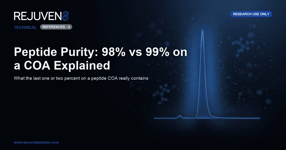 A stylized HPLC chromatogram with a tall main peak and small impurity peaks beside a certificate of analysis, representing peptide purity testing.