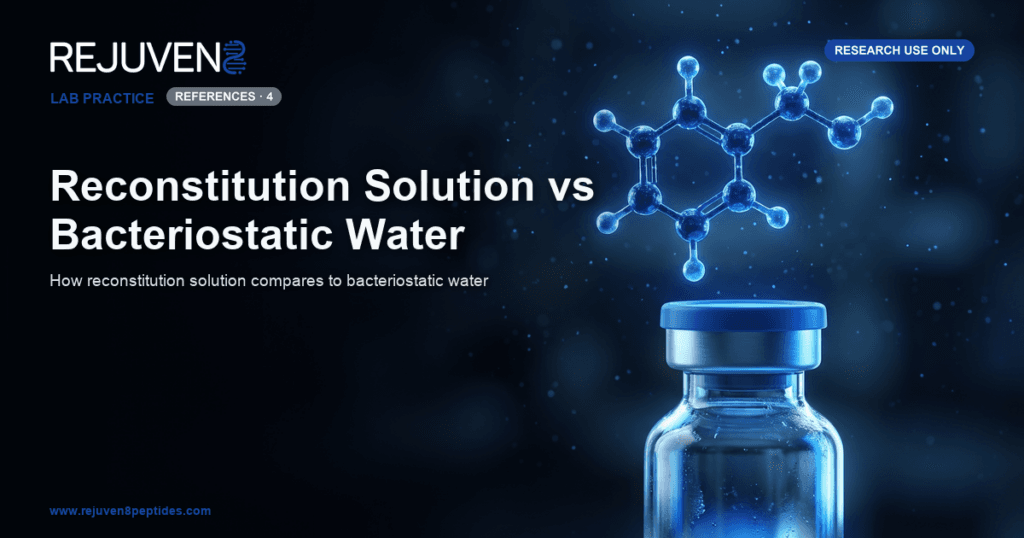 Glowing blue benzyl alcohol molecular structure floating above a sterile laboratory vial of bacteriostatic water.