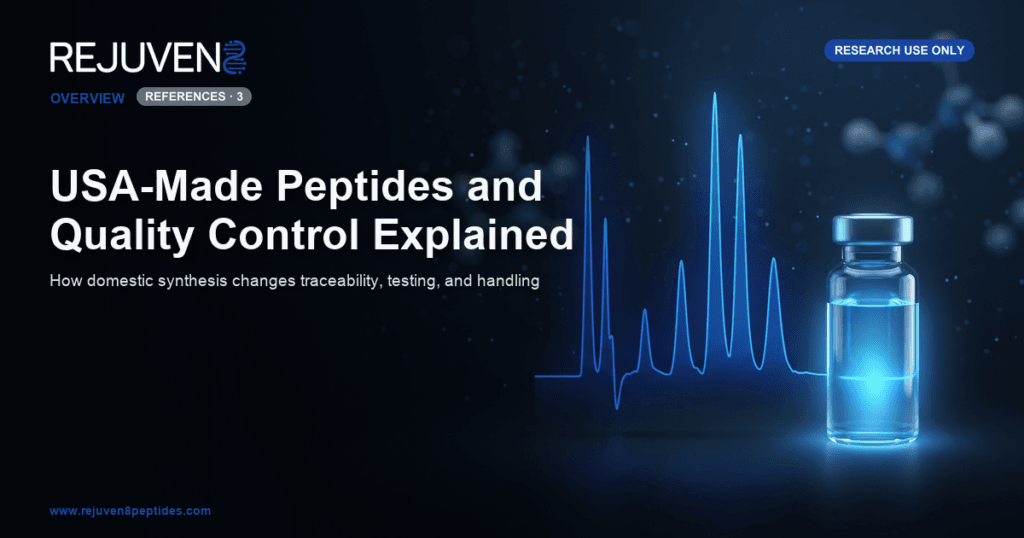 A stylized HPLC chromatogram with sharp peaks glowing above a glass research vial, representing quality control of USA-made research peptides.