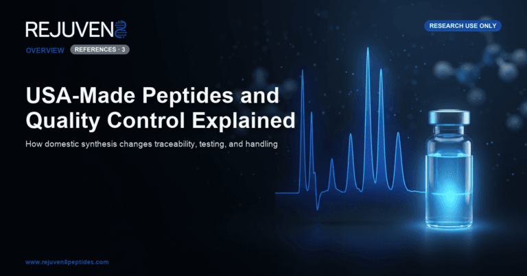 A stylized HPLC chromatogram with sharp peaks glowing above a glass research vial, representing quality control of USA-made research peptides.