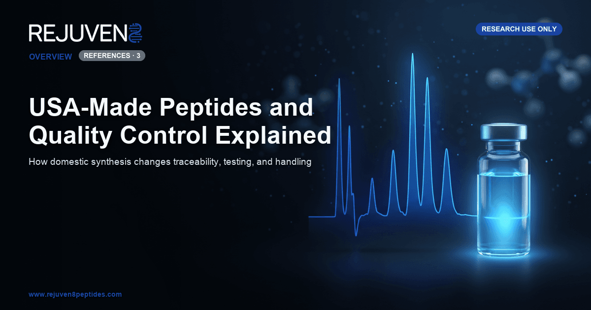 A stylized HPLC chromatogram with sharp peaks glowing above a glass research vial, representing quality control of USA-made research peptides.