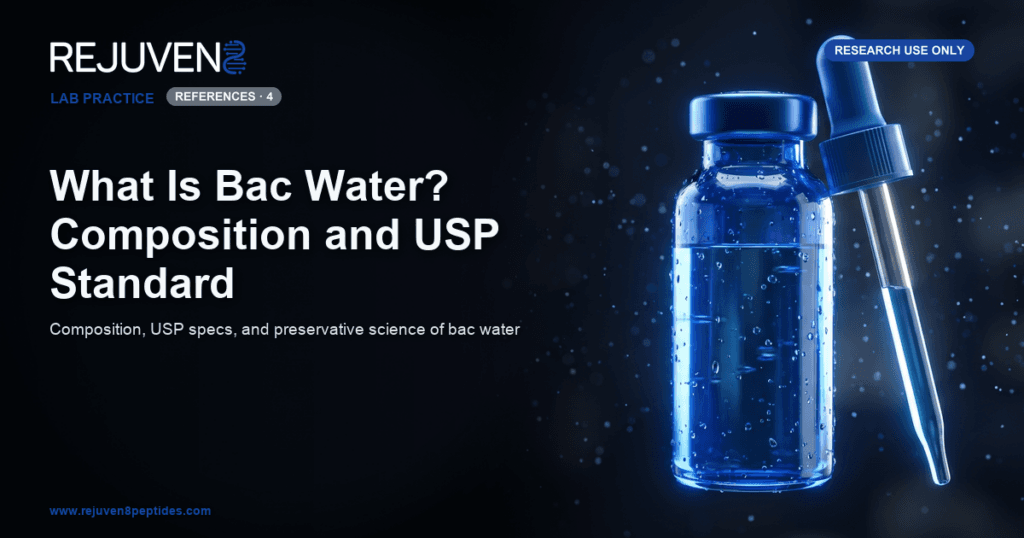 Sealed glass vial of clear bacteriostatic water beside a laboratory dropper against a deep blue background.