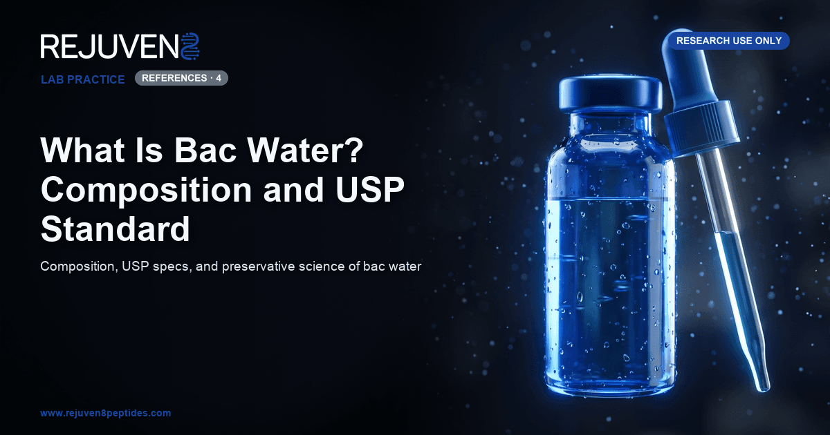 Sealed glass vial of clear bacteriostatic water beside a laboratory dropper against a deep blue background.