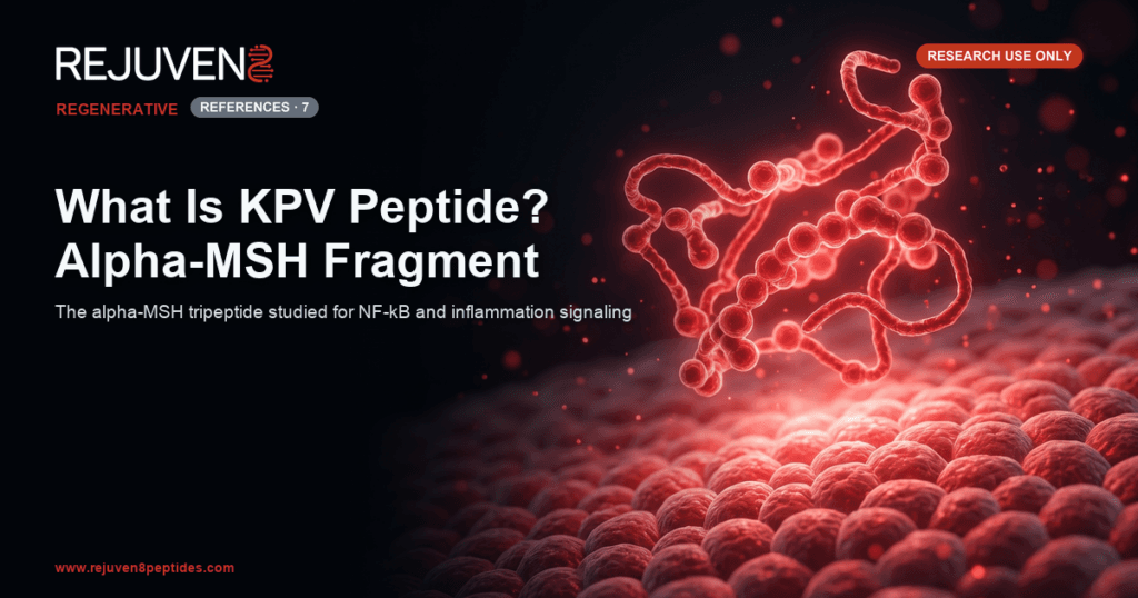 Illustration of an alpha-MSH fragment tripeptide floating above gut epithelium representing KPV inflammation research.