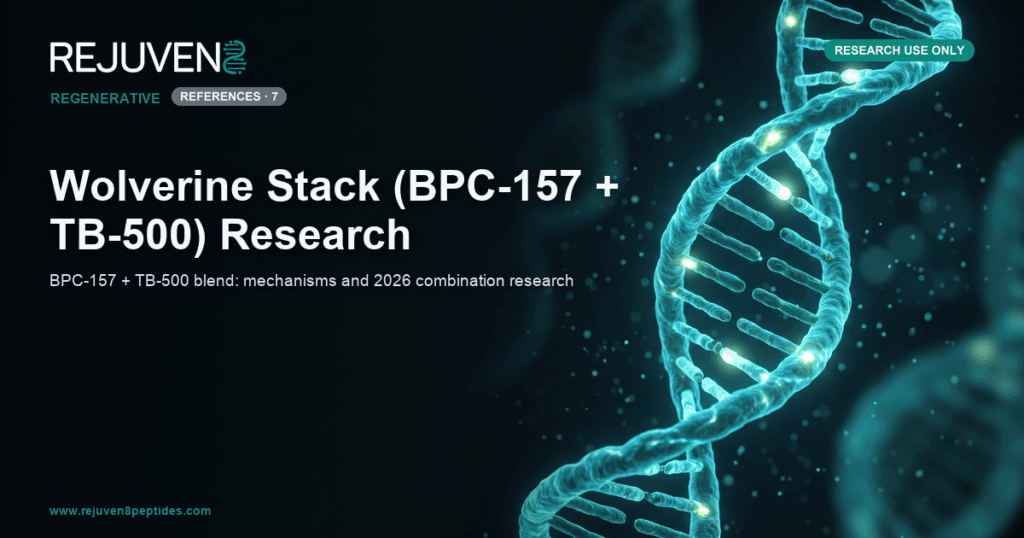 Glowing teal DNA helix with luminous repair points representing regenerative peptide research on a near-black background.