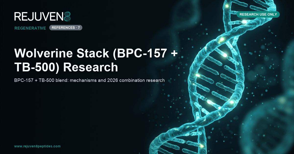 Glowing teal DNA helix with luminous repair points representing regenerative peptide research on a near-black background.